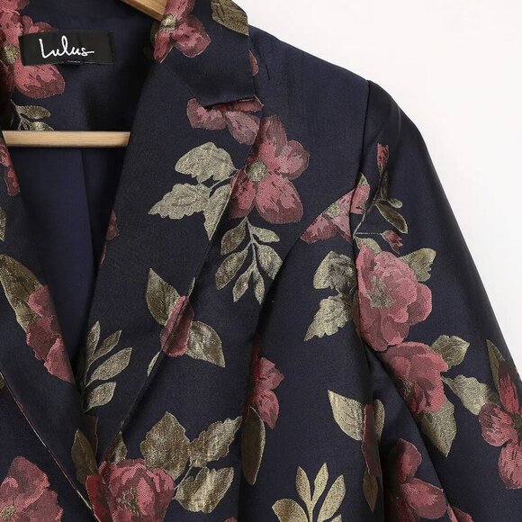 NWT Lulus Bloom Boldly Navy Blue Floral Satin Jacquard Cropped Blazer - Picture 7 of 11